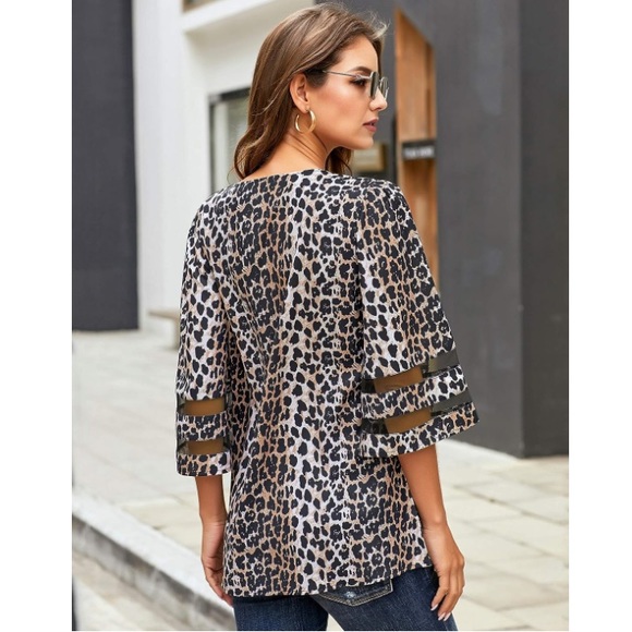 Leopard V-Neck 3/4 Bell Sleeve Mesh Panel Blouse - Picture 3 of 7